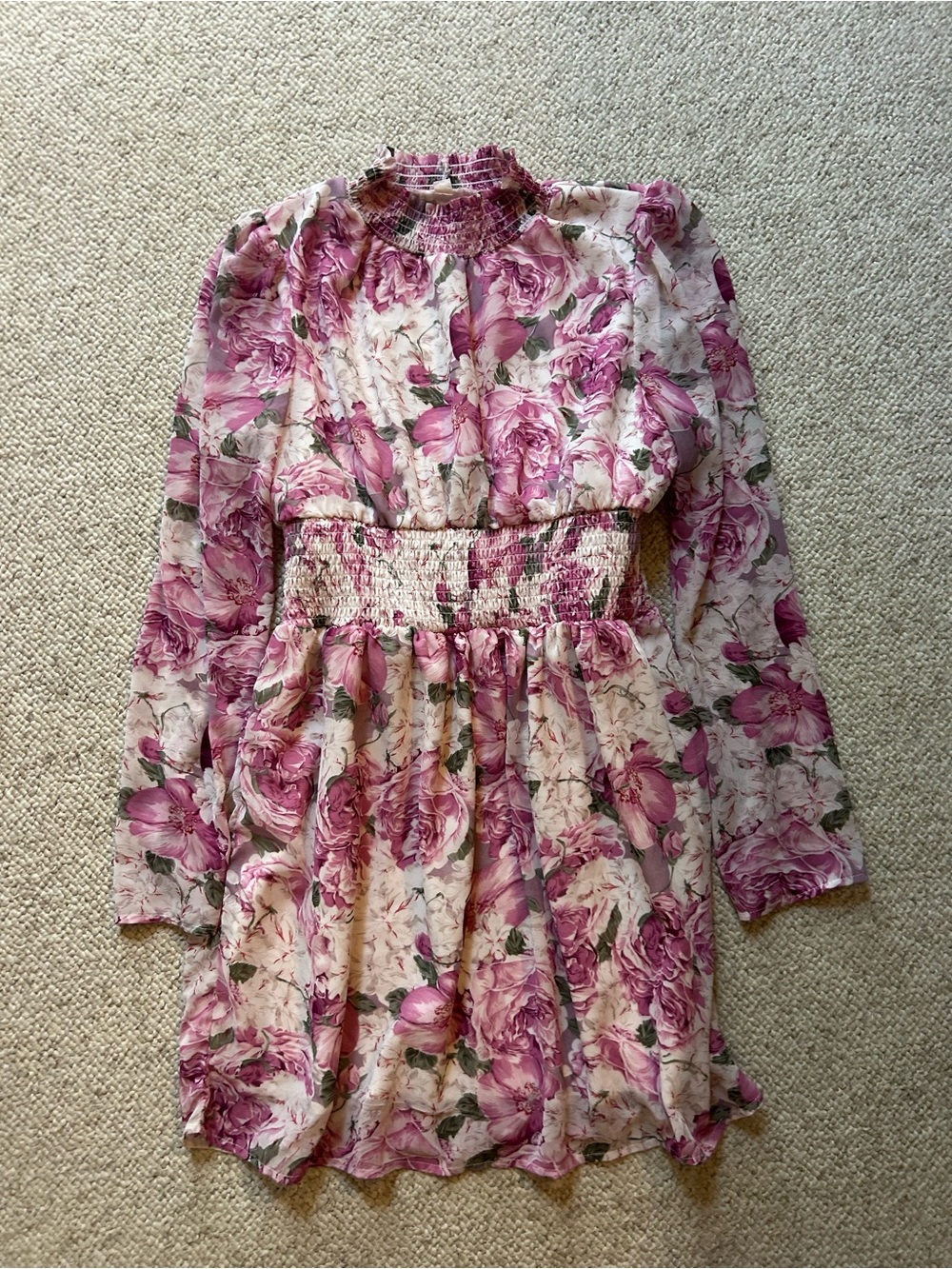 Pink Floral Smocked Waist Long Sleeve Dress